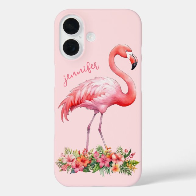 Rosa Flamingo mit tropischen Blumen iPhone 16 Hülle (Rückseite)