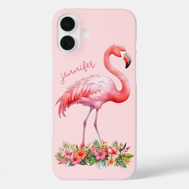 Rosa Flamingo mit tropischen Blumen iPhone 16 Plus Hülle (Rückseite)