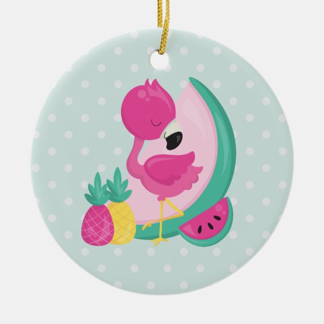 Rosa Flamingo mit tropischen Früchten auf Polka Do Keramik Ornament (Vorne)