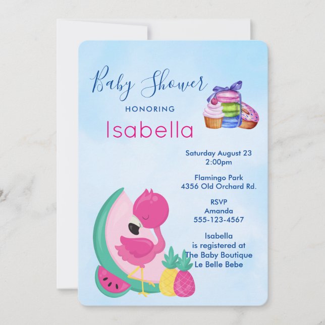 Rosa Flamingo mit tropischen Früchten Babydusche Einladung (Vorderseite)