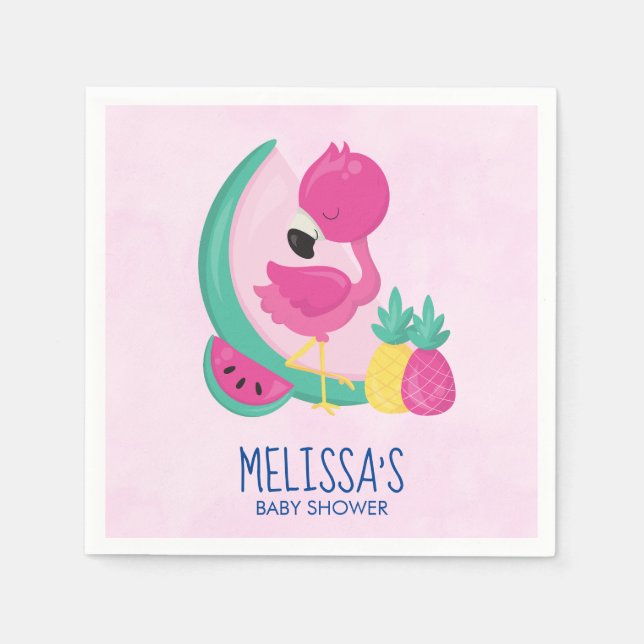Rosa Flamingo mit tropischen Früchten Babydusche Serviette (Vorderseite)