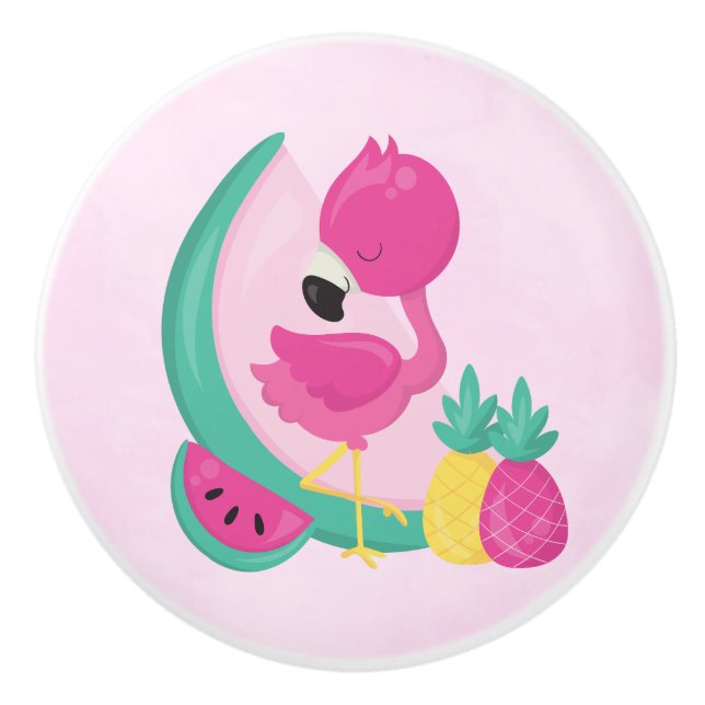 Rosa Flamingo mit tropischen Früchten Keramikknauf (Vorderseite)