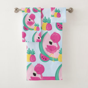 Rosa Flamingo mit tropischen Früchten Muster Badhandtuch Set