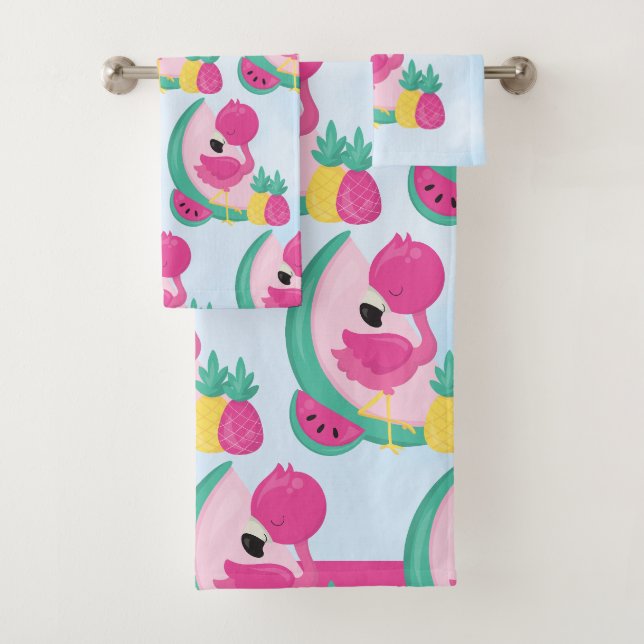 Rosa Flamingo mit tropischen Früchten Muster Badhandtuch Set (Insitu)