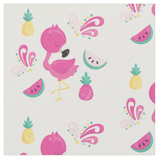 Rosa Flamingo mit tropischen Früchten Muster Stoff (Nahaufnahme)