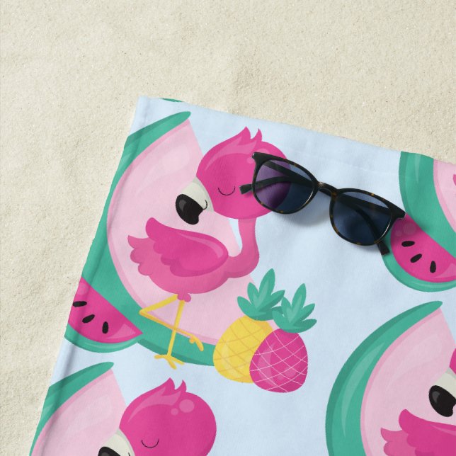 Rosa Flamingo mit tropischen Früchten Muster Strandtuch (Beispiel)