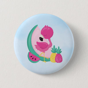 Rosa Flamingo mit Watermelon und Ananas Button