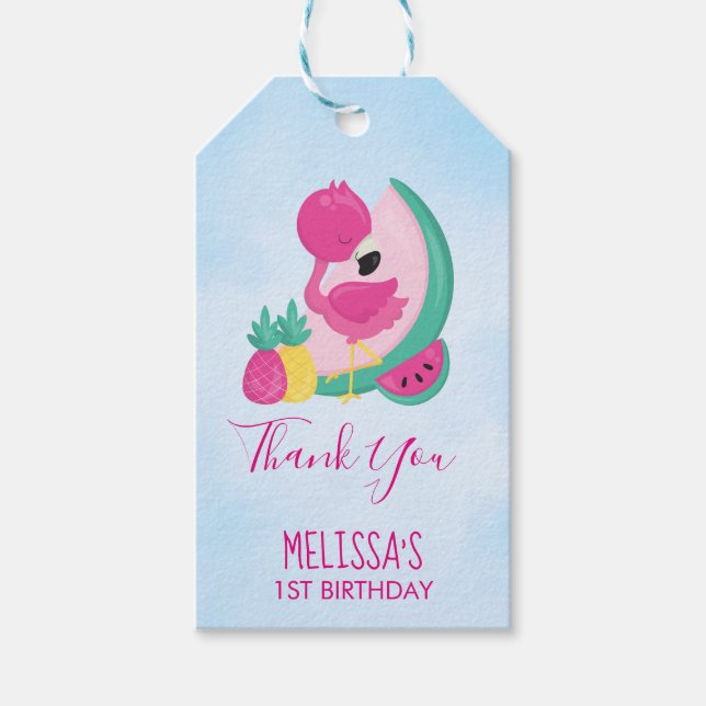 Rosa Flamingo mit Watermelon und Ananas Geschenkanhänger (Vorderseite)