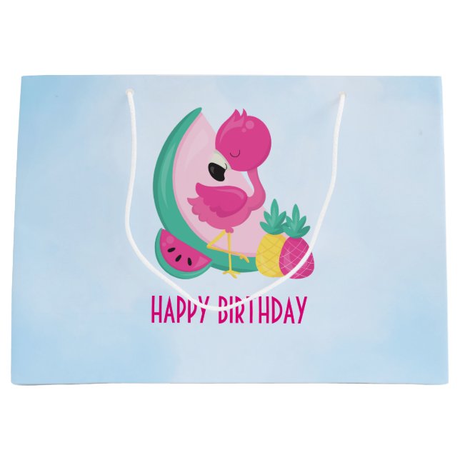 Rosa Flamingo mit Watermelon und Ananas Große Geschenktüte (Vorderseite)