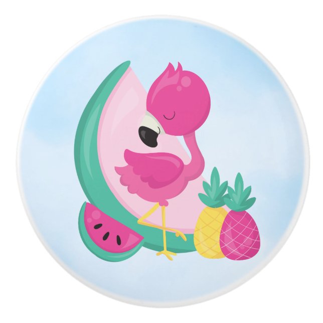 Rosa Flamingo mit Watermelon und Ananas Keramikknauf (Vorderseite)
