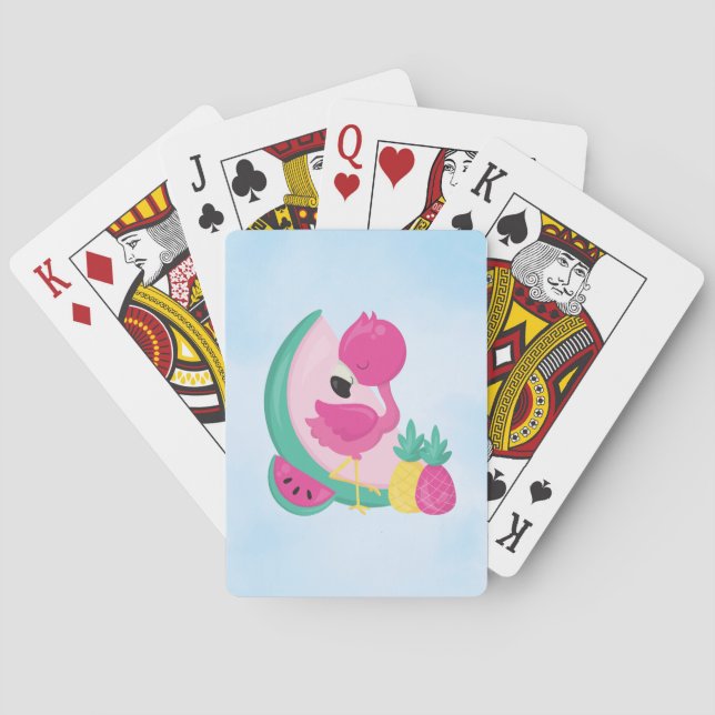 Rosa Flamingo mit Watermelon und Ananas Spielkarten (Rückseite)