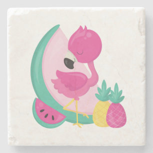 Rosa Flamingo mit Watermelon und Ananas Steinuntersetzer