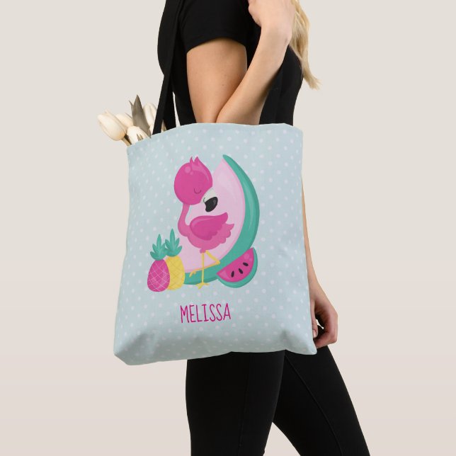 Rosa Flamingo mit Watermelon und Ananas Tasche (Von Nahem)