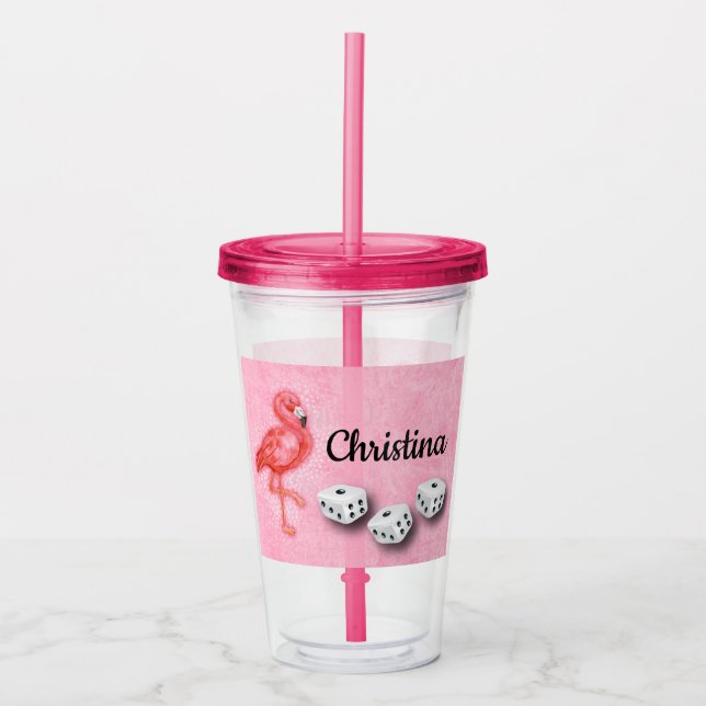 Rosa Flamingo-Monogramm Bunco Spieler-Würfel Acryltrinkbecher (Vorderseite)