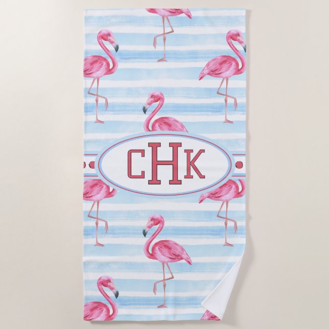 Rosa Flamingo Monogramm Strandtuch (Vorderseite)