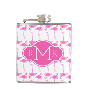 Rosa Flamingo-Muster   Monogramm Flachmann