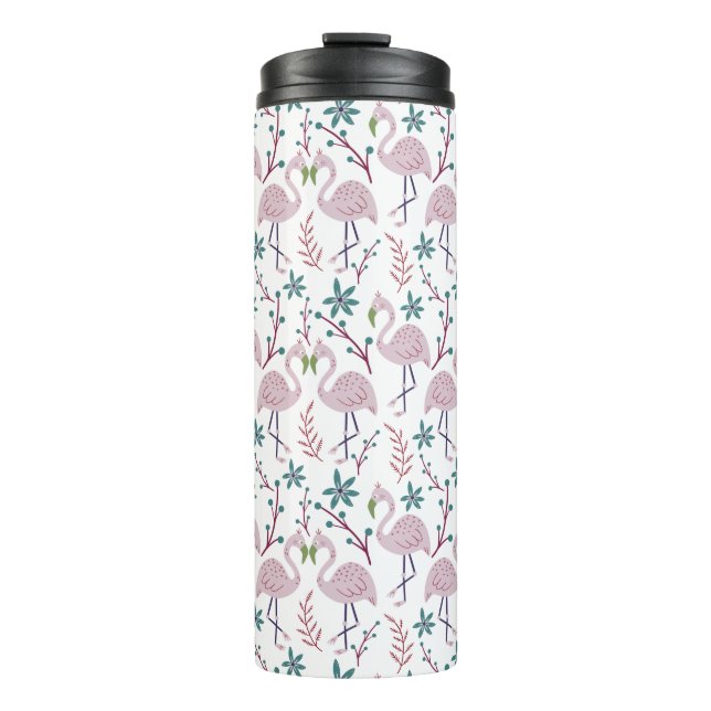 Rosa Flamingo nahtloses Muster auf weißem Hintergr Thermosbecher (Vorderseite)