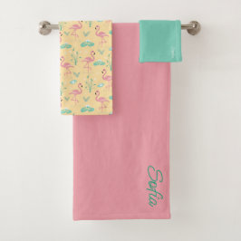 Rosa Flamingo niedlich-gelbes Muster Badhandtuch Set