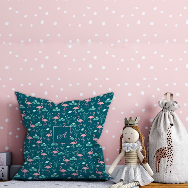 Rosa Flamingo niedlich grünes aquamarines Muster e Kissen (Von Creator hochgeladen)