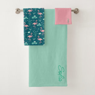Rosa Flamingo niedliche tuquoise aquamarine Muster Badhandtuch Set
