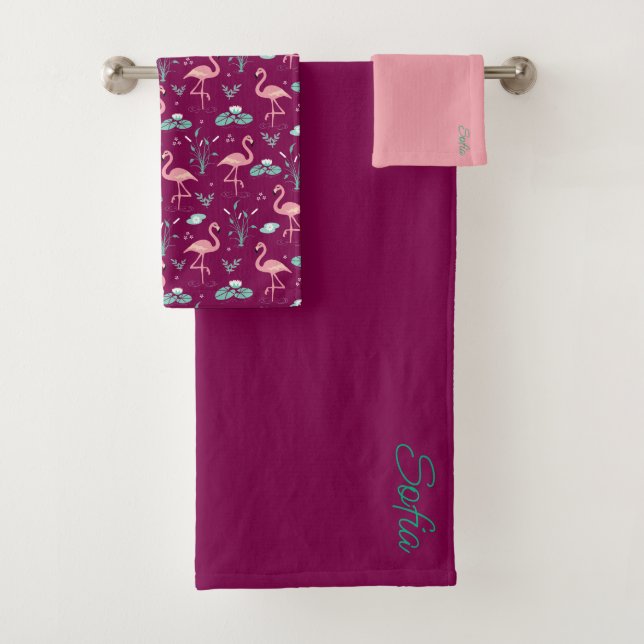 Rosa Flamingo niedliches aquamarines Muster Badhandtuch Set (Insitu)