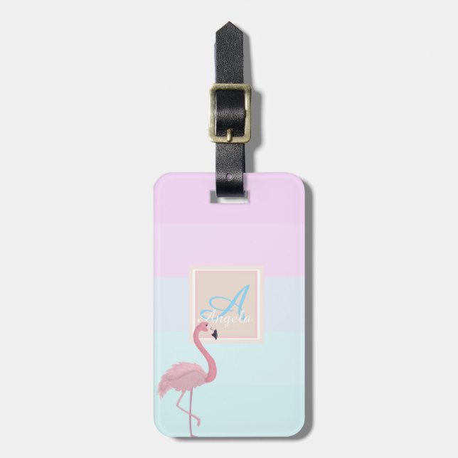 Rosa Flamingo Ombre Streifen Monogram Personalisie Gepäckanhänger (Vorderseite vertikal)