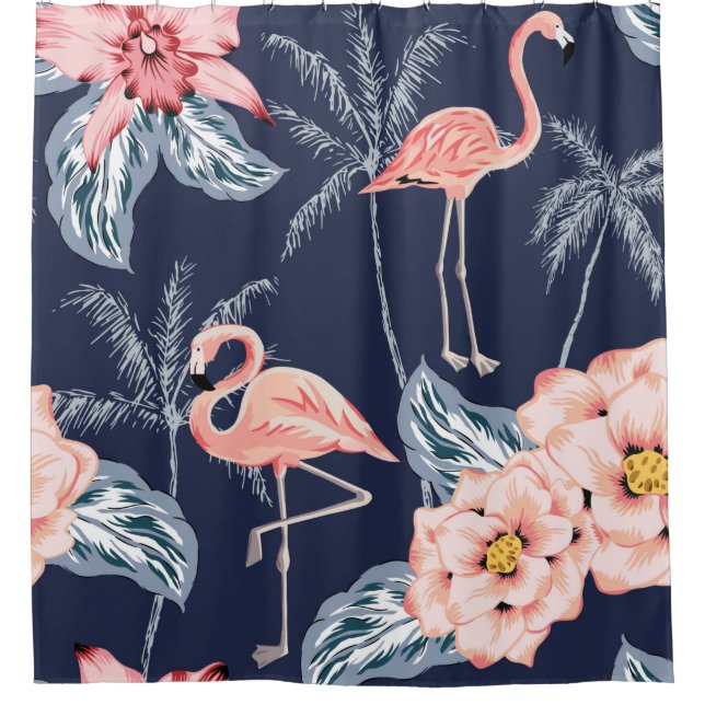 Rosa Flamingo, Palmen, Rose, orchide Blume, le Duschvorhang (Vorderseite)