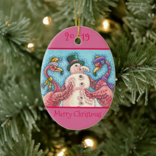 ROSA FLAMINGO SCHNEEMANN, LUSTIGE WEIHNACHTSVÖGEL  KERAMIK ORNAMENT