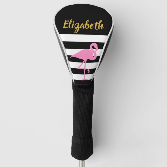 Rosa Flamingo Schwarz-weiß Strip Imitat Gold Skrip Golf Headcover (Vorderseite)