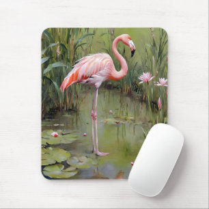 Rosa Flamingo Seerosen und Schilf Ölgemälde, Mousepad