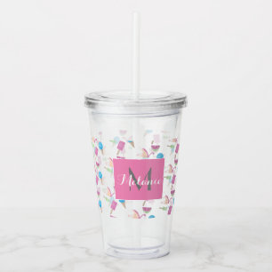Rosa Flamingo Sommer Tropisch Monogramm Custom Acryltrinkbecher