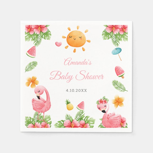 Rosa Flamingo Tropical Blume Kinderdusche Napkins Serviette (Vorderseite)