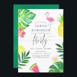 Rosa Flamingo Tropical Exotic 30. Geburtstag Party Einladung<br><div class="desc">Party Einladung zum 30. Geburtstag mit einem Rundgang mit exotischen tropischen Pflanzen und Blume,  frischem Obst,  Flamingo und angesagter Handschrift.</div>