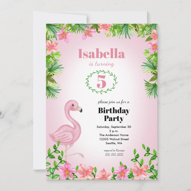 Rosa Flamingo Tropical Girls Geburtstag Einladung (Vorderseite)