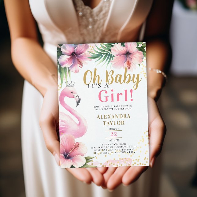 Rosa Flamingo Tropical Gold Ein Mädchen-Kinderdusc Einladung (pink flamingo baby girl shower invitation summer tropical foliage gold tiara aloha hawaii floral)