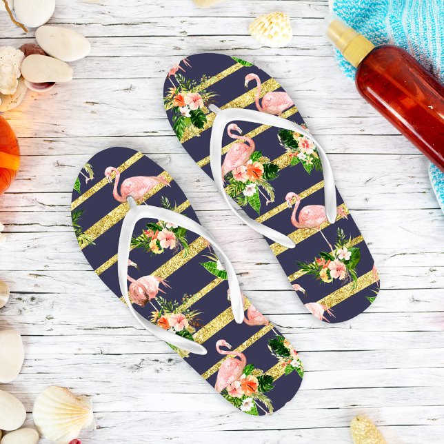 Rosa Flamingo Tropical Navy Blue Gold Flip Flops (Von Creator hochgeladen)