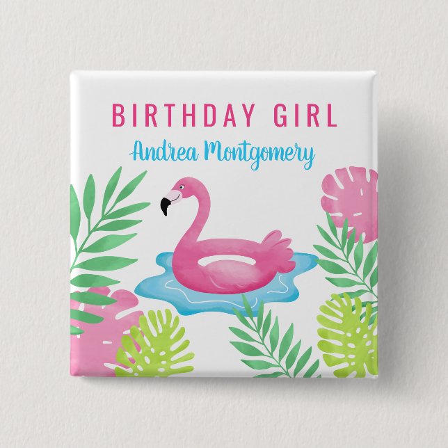 Rosa Flamingo Tropical Pool Party Button Name Tag (Vorderseite)