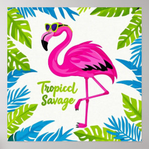 Rosa Flamingo Tropisch stehend auf einem Bein Poster