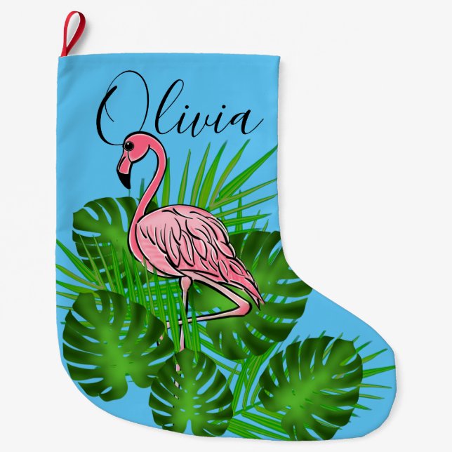 Rosa Flamingo, tropische Blätter Großer Weihnachtsstrumpf (Vorderseite)