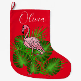 Rosa Flamingo, tropische Blätter Großer Weihnachtsstrumpf