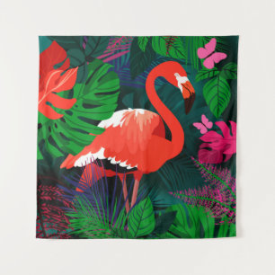 Rosa Flamingo. Tropische Blätter, rosa Schmetterli Wandteppich