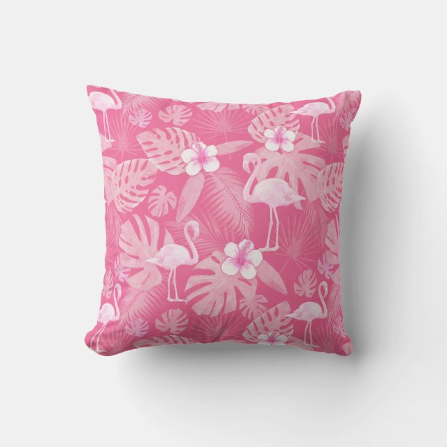 Rosa Flamingo tropische Blume Außenkissen Kissen (Vorderseite)