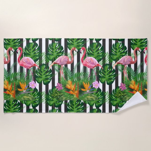 Rosa Flamingo Tropische Blume Dunkler Grunge Strei Strandtuch (Vorderseite)