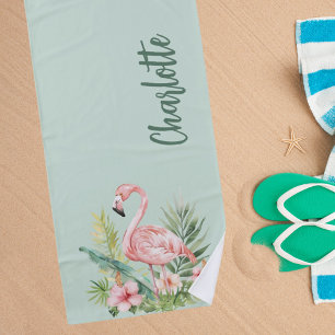 Rosa Flamingo tropische Blume Salbei grün Strandtuch