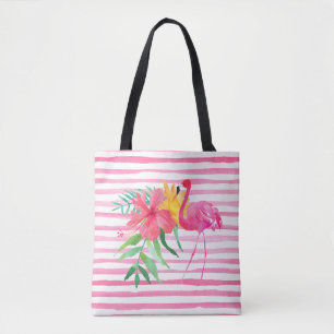 Rosa Flamingo Tropische Blumen Strandtasche Tasche