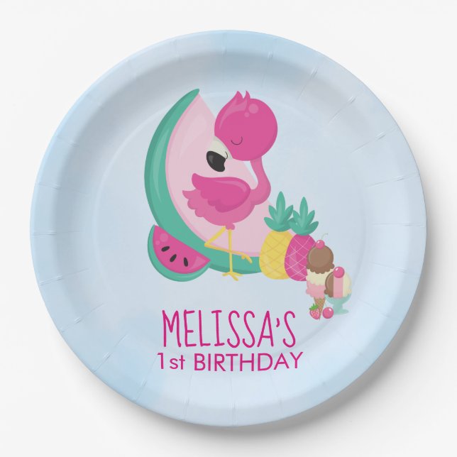Rosa Flamingo, tropische Früchte und Party aus Eis Pappteller (Vorderseite)