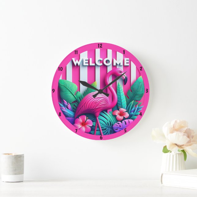 Rosa Flamingo Tropische Pflanze Blume Akzent Große Wanduhr (Zuhause)