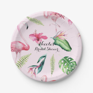 Rosa Flamingo Tropischer Hibiskus Blumenkohl Party Pappteller