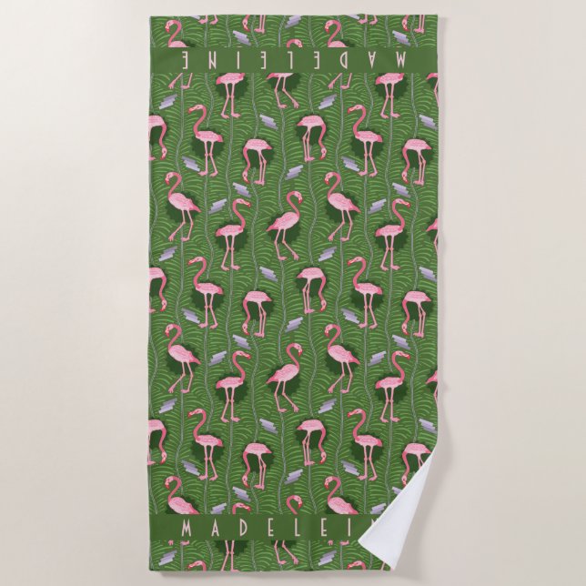 Rosa Flamingo-tropischer Kunst-Deko-dunkelgrüne Strandtuch (Vorderseite)