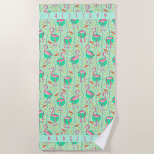 Rosa Flamingo-tropischer Kunst-Deko-Retro grüne Strandtuch